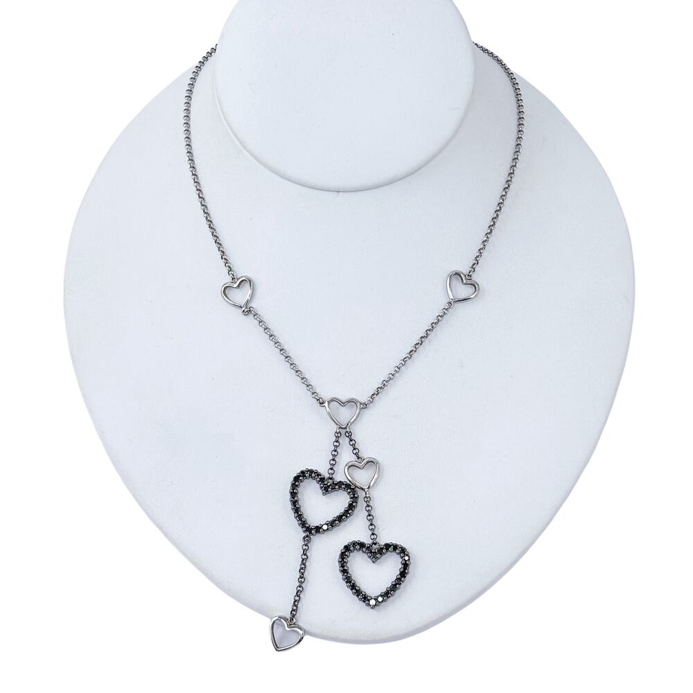 Vintage Sterling Silver 925 Black Cubic Zirconia Heart Y Drop Necklace 15"-17.5"